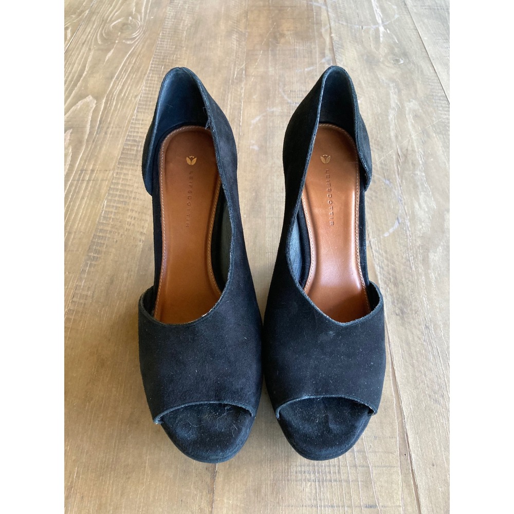 Leifsdottir Katrina Black Suede Sculptural Wedge Platform Peep Toe Heel 37.5